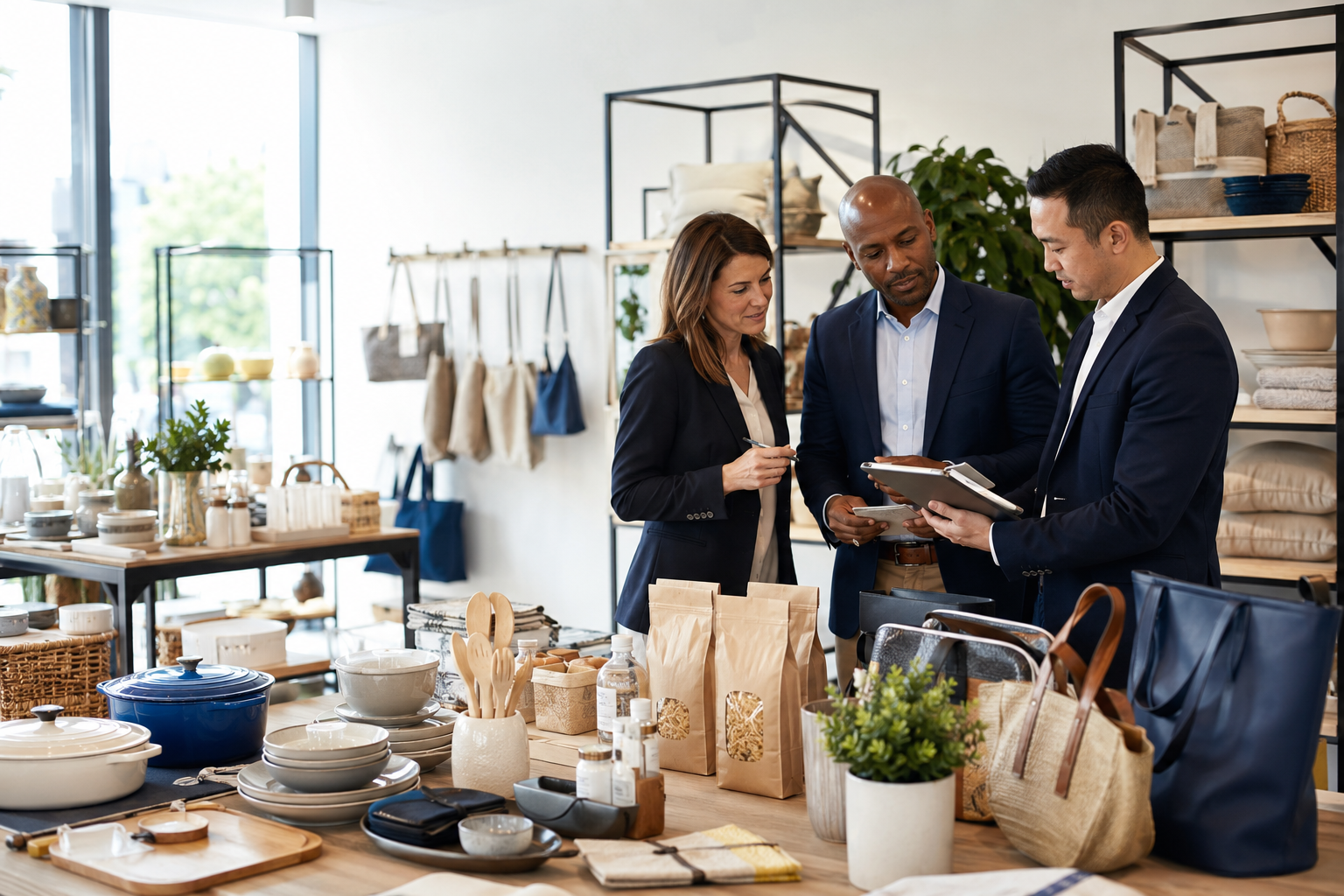 Professionals discussing consumer products in a multi-category showroom
